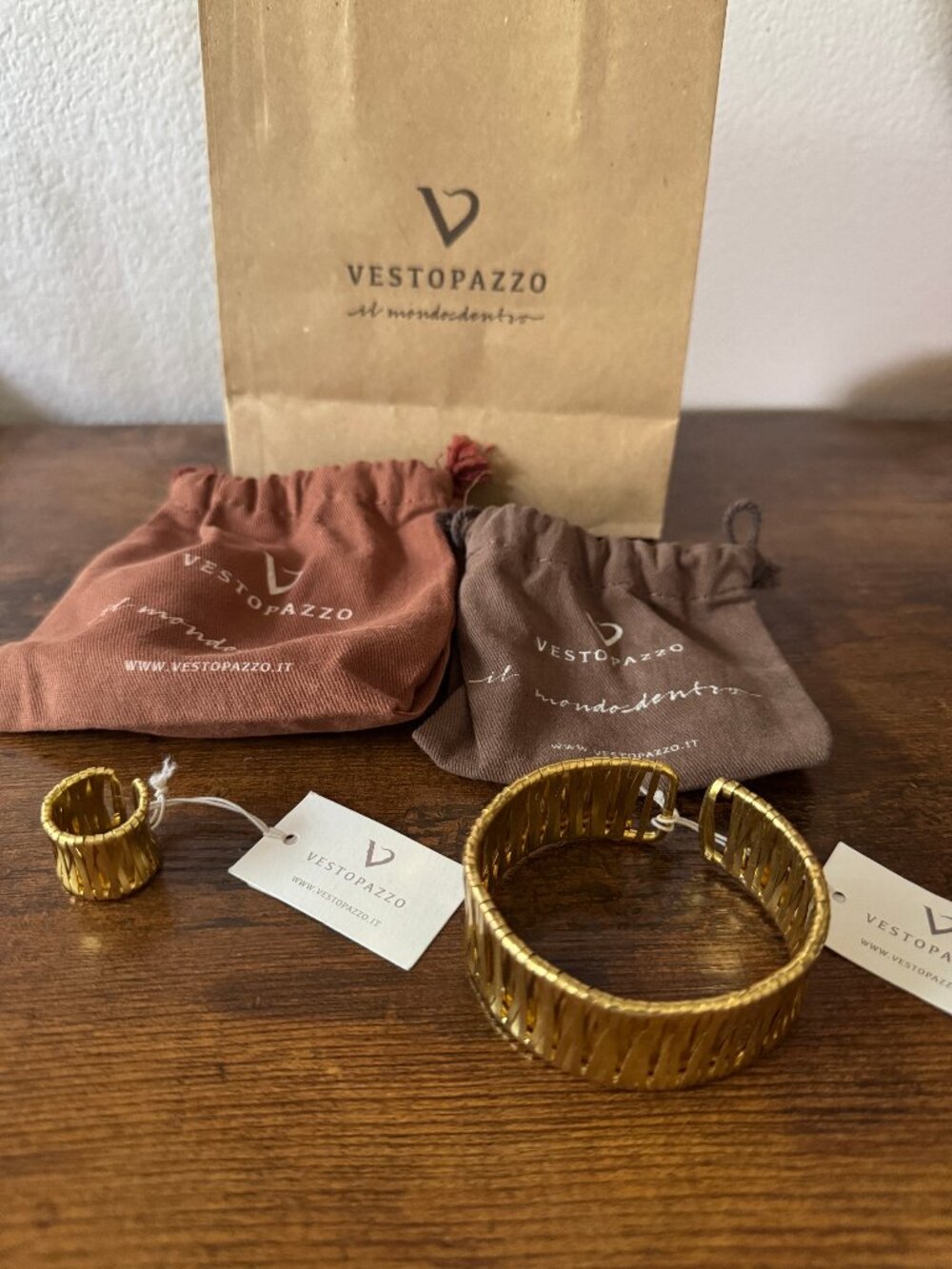 Vestopazzo Italy Gold Tone Cuff Bracelet & Matching Adjustable Ring Set NWT